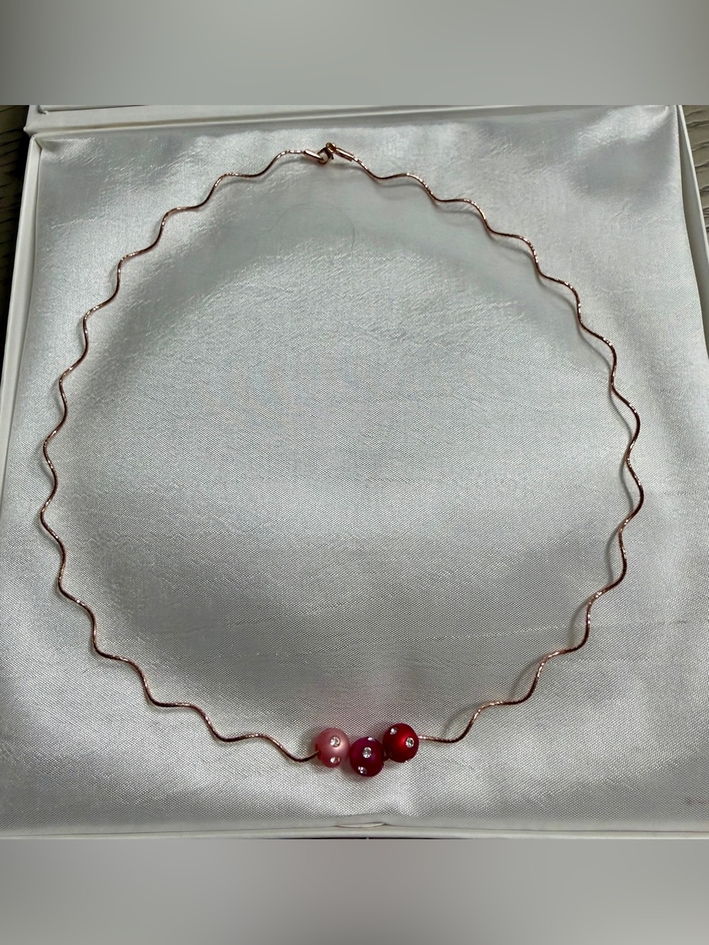 Women’s 14k Rose Gold 18” Wave Necklace with Pink Swarovski Bead Accents